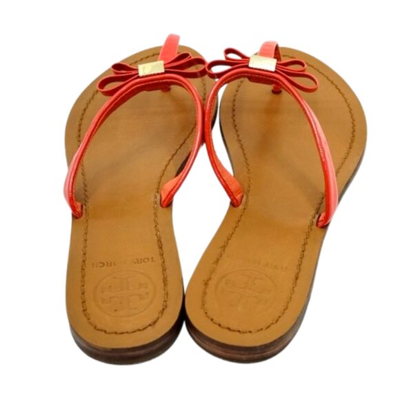 TORY BURCH~Leighanne Bow~POPPY RED LEATHER THONG SANDAL FLIP FLOP SHOES Size 8 - Picture 4 of 6